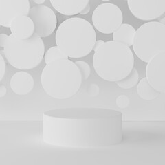 White round podium on abstract stage mockup - flying soft shining circles decor. Template 3D illustration gentle airy geometric scene for presentation cosmetic, goods, advertising,  design, display.