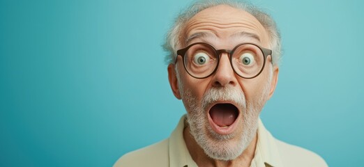 Surprised elderly man with glasses expressing shock and excitement against a blue background, showcasing emotions of astonishment and joy, copy space for text