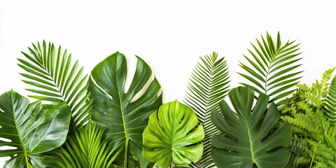 Fototapeta premium Lush tropical leaves border on white.