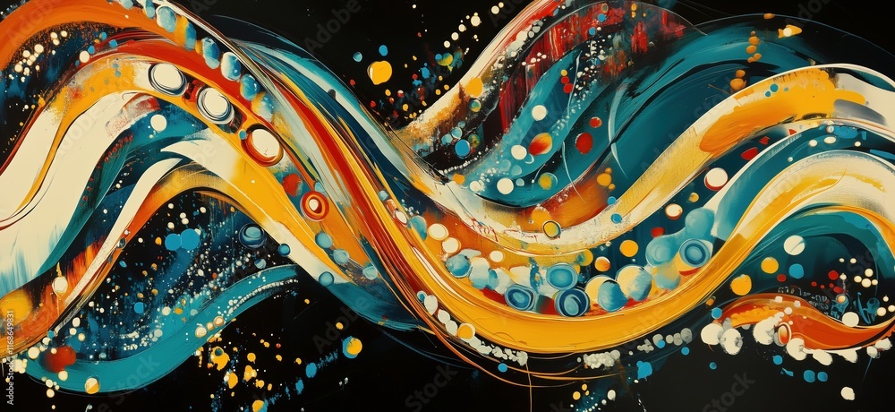 Poster abstract colorful wave patterns with vibrant swirls and dynamic dots, showcasing a blend of blue, or