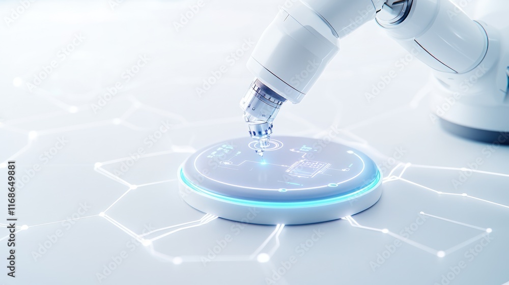 Aufkleber robotic arm interacting with a digital interface on a surface.