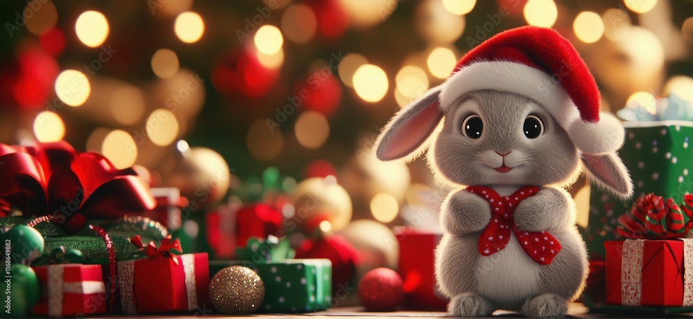 Wall mural Cute Christmas Bunny Wearing Santa Hat Surrounded by Colorful Presents and Festive Decorations, copy space for text