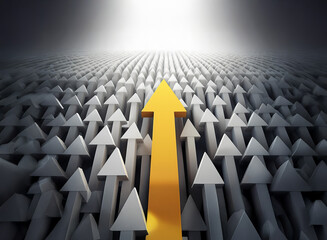Obraz premium A single, bright gold arrow ascends, standing out amidst a sea of gray arrows pointing upwards. It symbolizes leadership, standing out, success, and achievement.