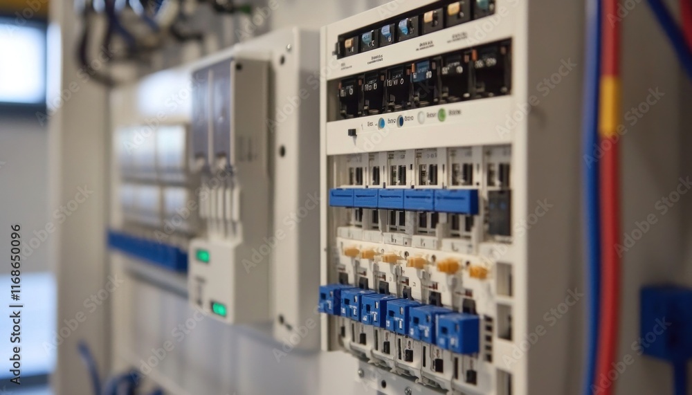Poster electrical panel with circuit breakers managing power distribution in building