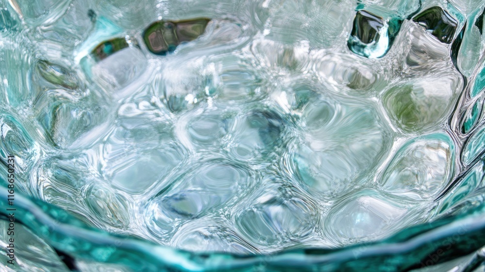 Poster a close-up of a textured glass bowl filled with water, reflecting light and creating patterns.