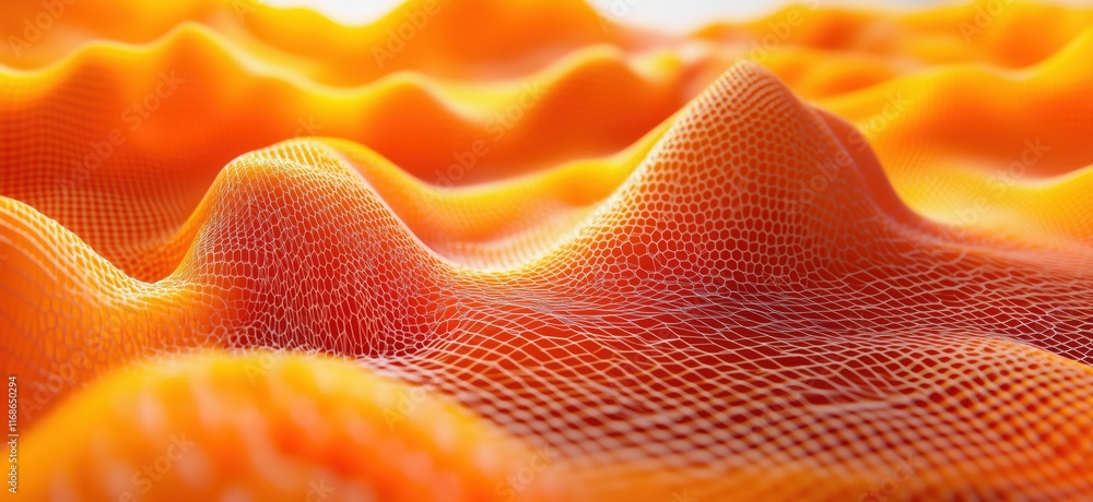 Poster abstract orange mesh landscape with peaks and valleys, showcasing intricate network design and vibra