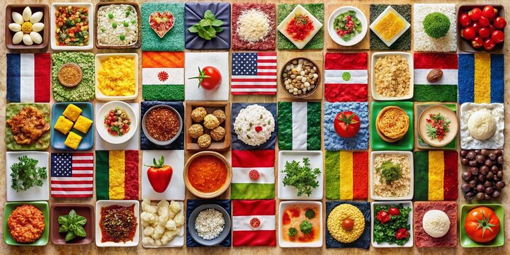 Global Cuisine: A Culinary Journey Through World Flags - Stock Photo