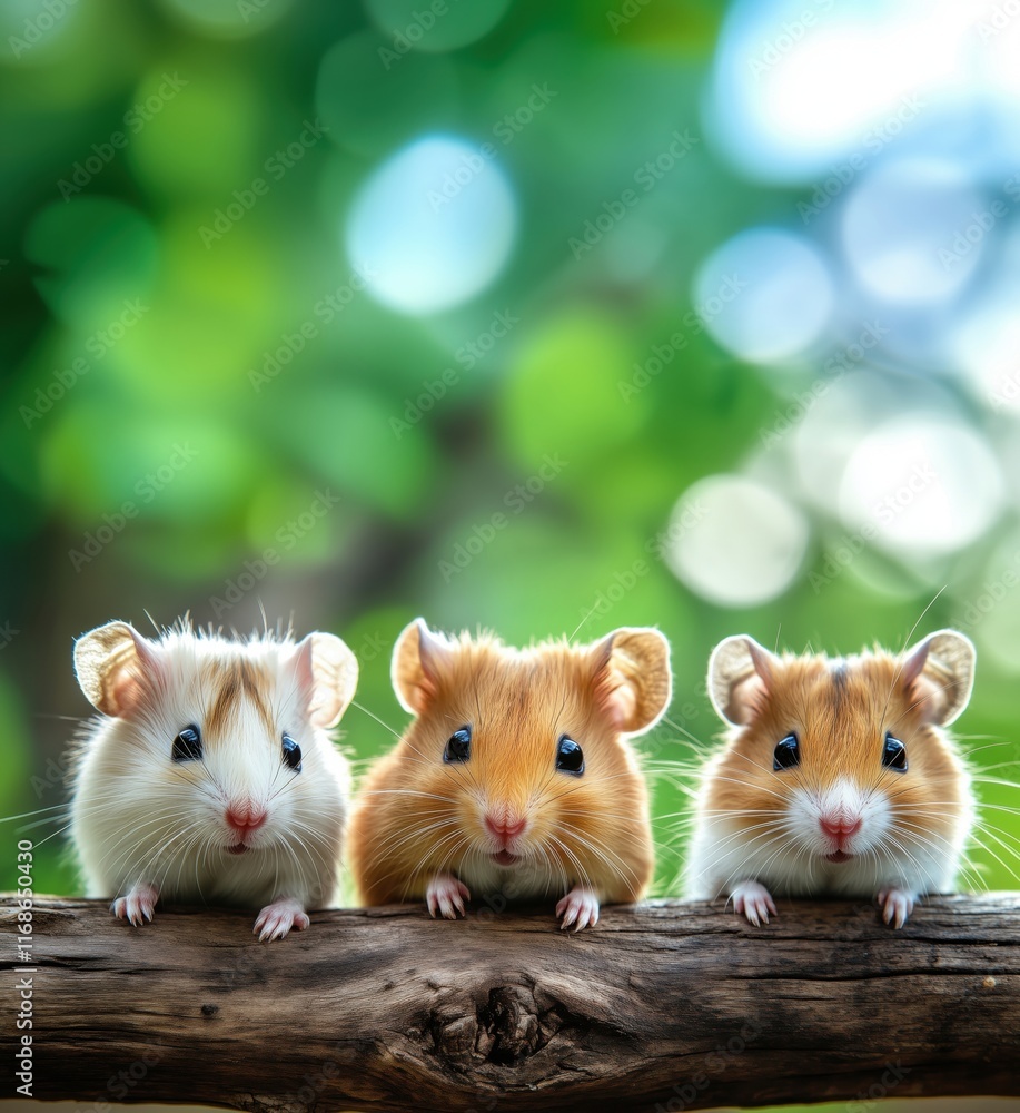 Poster adorable hamsters on a log, showcasing three distinct colors and expressions, set against a vibrant 