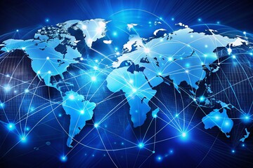Global Network: Blue World Map with Digital Connections, Internet Technology, Worldwide Communication