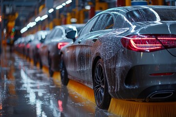 A row of cars receiving automated care in a modern car wash facility with colorful brushes and foam. Generative AI