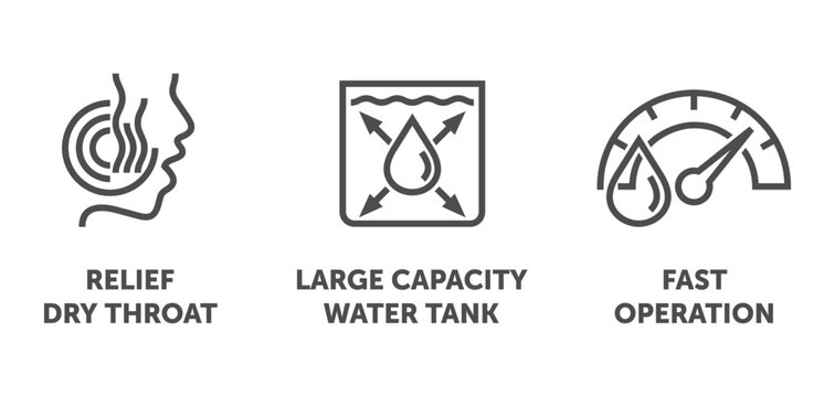 Air Humidifier icons - Relief Dry Throat, Large Capacity Water Tank, Fast Operation
