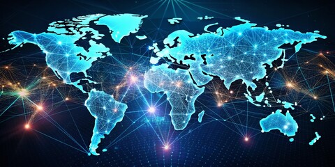 Global Network: Connecting World Map with Illuminated Dots and Lines - Long Exposure Stock Photo