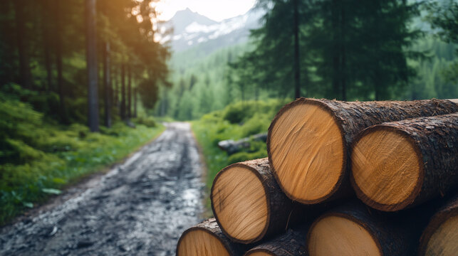 Troncos cortados apilados junto a un camino forestal en paisaje monta&ntilde;oso
