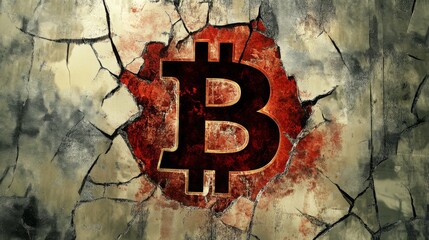 Cracked Bitcoin symbol on blurry background with red stock trends , 16:9