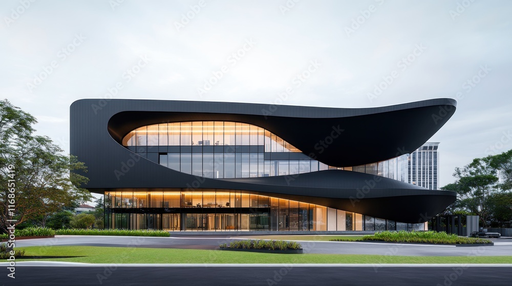 Poster modern architectural building with sleek design and large windows.