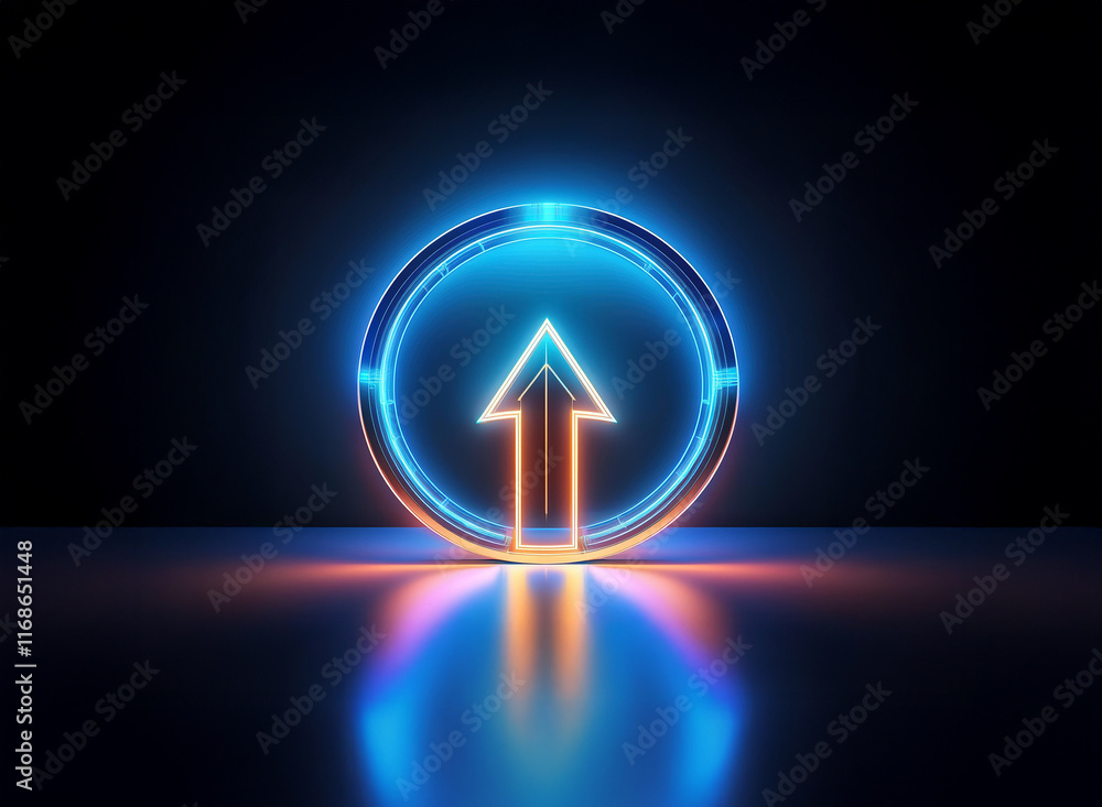 Poster glowing neon arrow pointing upward inside a vibrant circular frame, reflecting on a dark surface. th