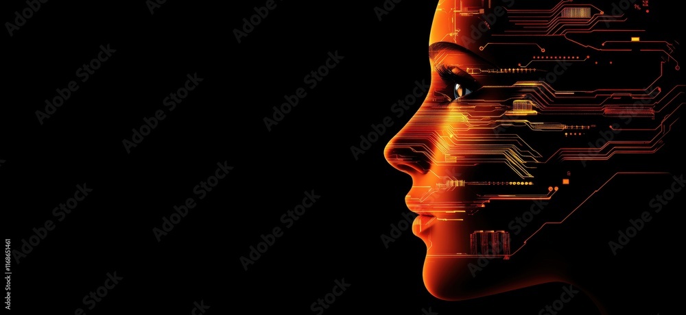 Poster futuristic digital face with circuit patterns, representing artificial intelligence and technology i