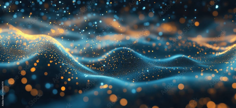 Poster abstract digital landscape with glowing particles and waves, showcasing vibrant blue and orange colo