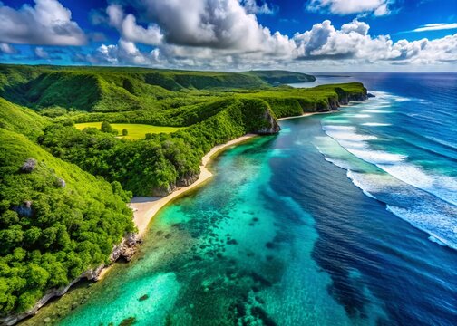 Aerial View of Tinian Island, Mariana Islands: Turquoise Waters & Lush Green Landscape