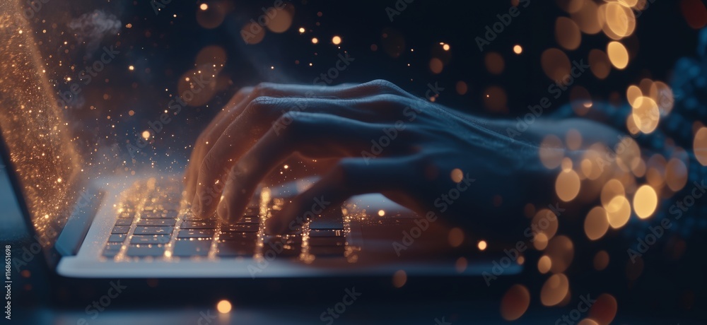 Poster magical typing on laptop with glowing particles and bokeh effect, showcasing creativity and technolo