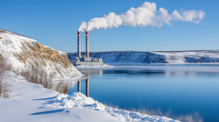 Planta industrial con chimeneas emitiendo humo junto a un lago en paisaje nevado
