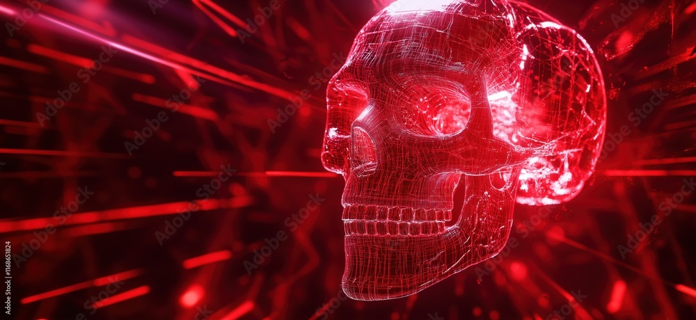 Poster 3d wireframe skull design with red neon glow and abstract background, copy space for text