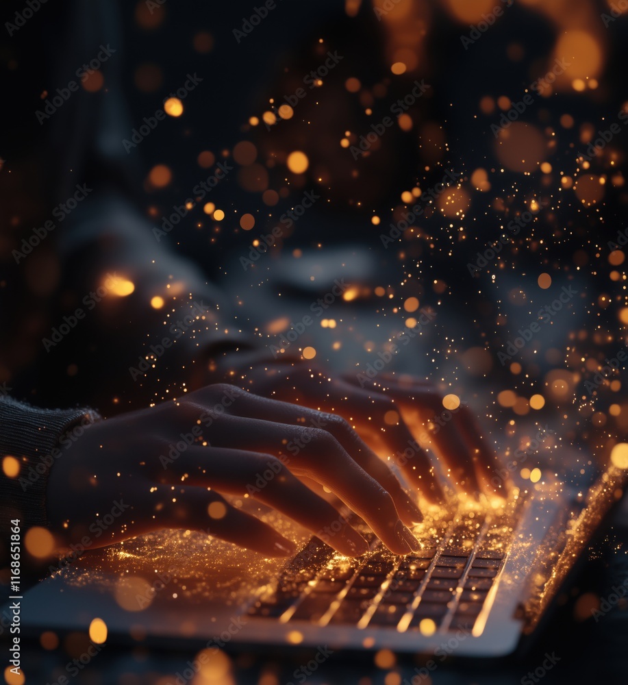 Poster glowing hands typing on laptop surrounded by sparkling particles, creating a magical atmosphere, cop
