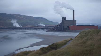 F&aacute;brica industrial con chimeneas humeantes junto a un r&iacute;o en d&iacute;a nublado