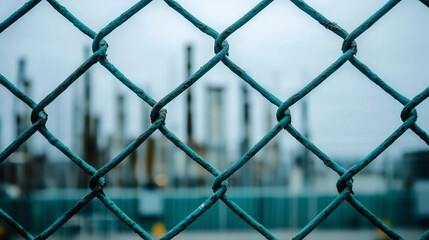 Fototapeta premium Vista de refinería industrial a través de una cerca de malla metálica