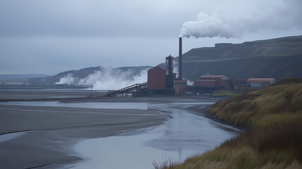 Fábrica industrial con chimeneas humeantes junto a un río en día nublado