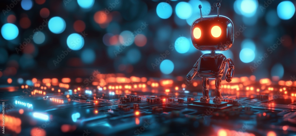 Poster futuristic robot standing on circuit board with glowing lights, showcasing advanced technology and a
