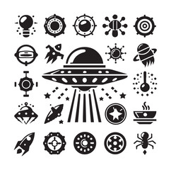 UFO - Flying saucer with light beam. Icon for design vector silhouette SH