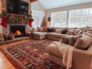 Fototapeta premium Cozy Christmas Living Room Fireplace Decorated
