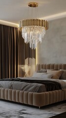 Elegant Modern Bedroom with Luxurious Chandelier and Soft Textiles