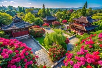 Fototapeta premium Aerial View of Vibrant China Rose Flowers in a Chinese Garden