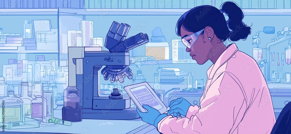 Poster scientist analyzing data on tablet in laboratory with microscope and various glassware, showcasing m