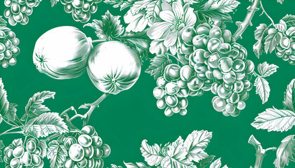 Green Botanical Illustration: Grapes and Apples