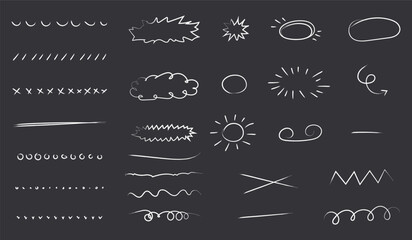 Chalk scribble doodle arrow, line elements set. Crayon arrow, underline, handwritten mark check. Rough hand drawn marker sketch with brush grunge texture. Hand drawn doodle brush lines vector image.