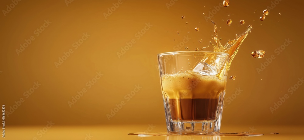 Poster refreshing splash of iced beverage in glass with golden background, showcasing dynamic liquid motion