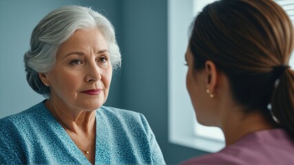 Obraz premium Elderly woman consulting with female doctor in a medical office setting