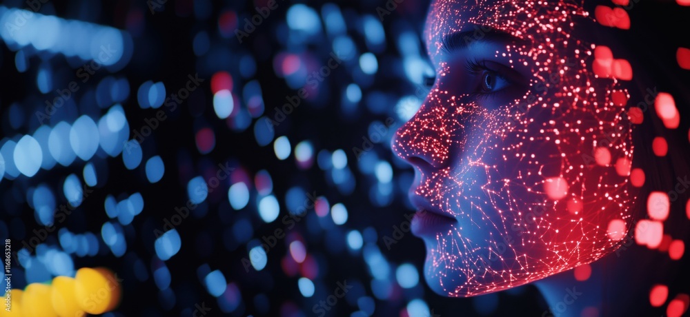 Poster digital face with glowing network patterns, showcasing futuristic technology and human connection, v