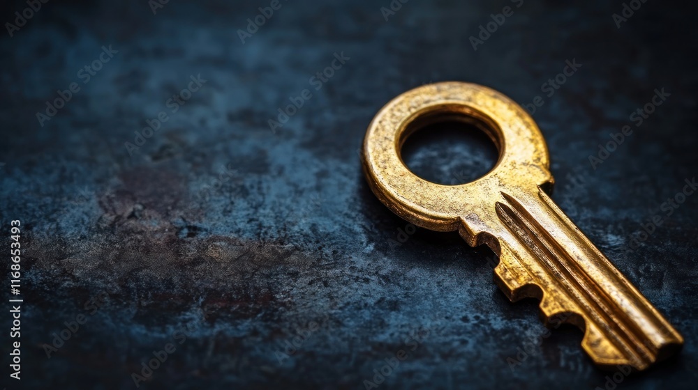 Poster a close-up of a vintage golden key resting on a textured dark surface.