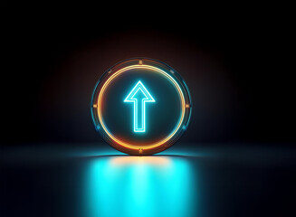 Glowing neon arrow pointing upward within a circular frame, set against a dark background. The light reflects on a glossy surface.
