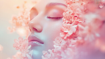 Fototapeta premium Woman with floral headpiece in soft pastel tones