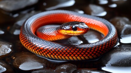 Obraz premium Slithering Snake on Wet Pebbles with Glossy Reflections - Nature's Textured Serpent Exploration
