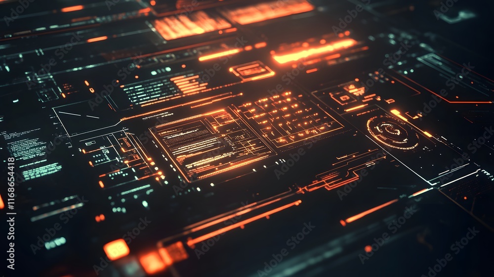 Poster futuristic interface displays glowing orange data streams