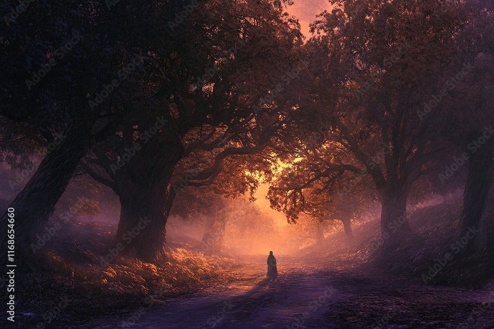 Poster sunset stroll through an enchanting forest path
