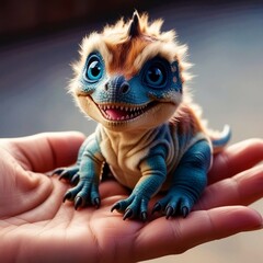Fototapeta premium A Majestic Micro Blue Little Dinosaur Sitting On The Human Hand With Selective Focus.