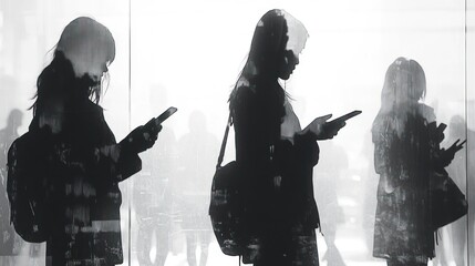 Silhouetted women using smartphones, urban reflection.