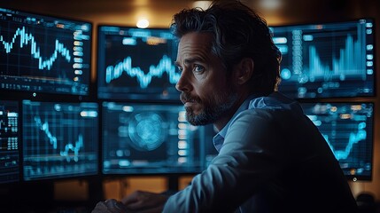 Investor Analyzing Multiple Financial Monitors for High Value Asset Management